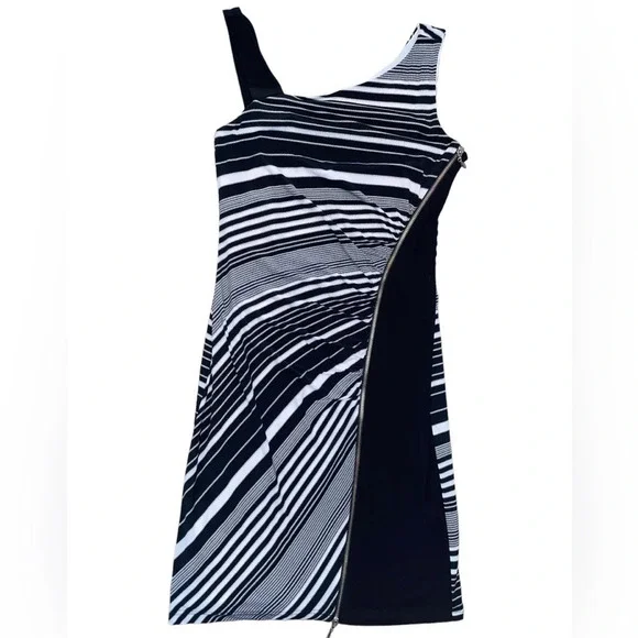 Joseph Ribkoff Striped Dress Asymmetrical Straps Black White Side Zip Size 6 - Picture 5 of 5